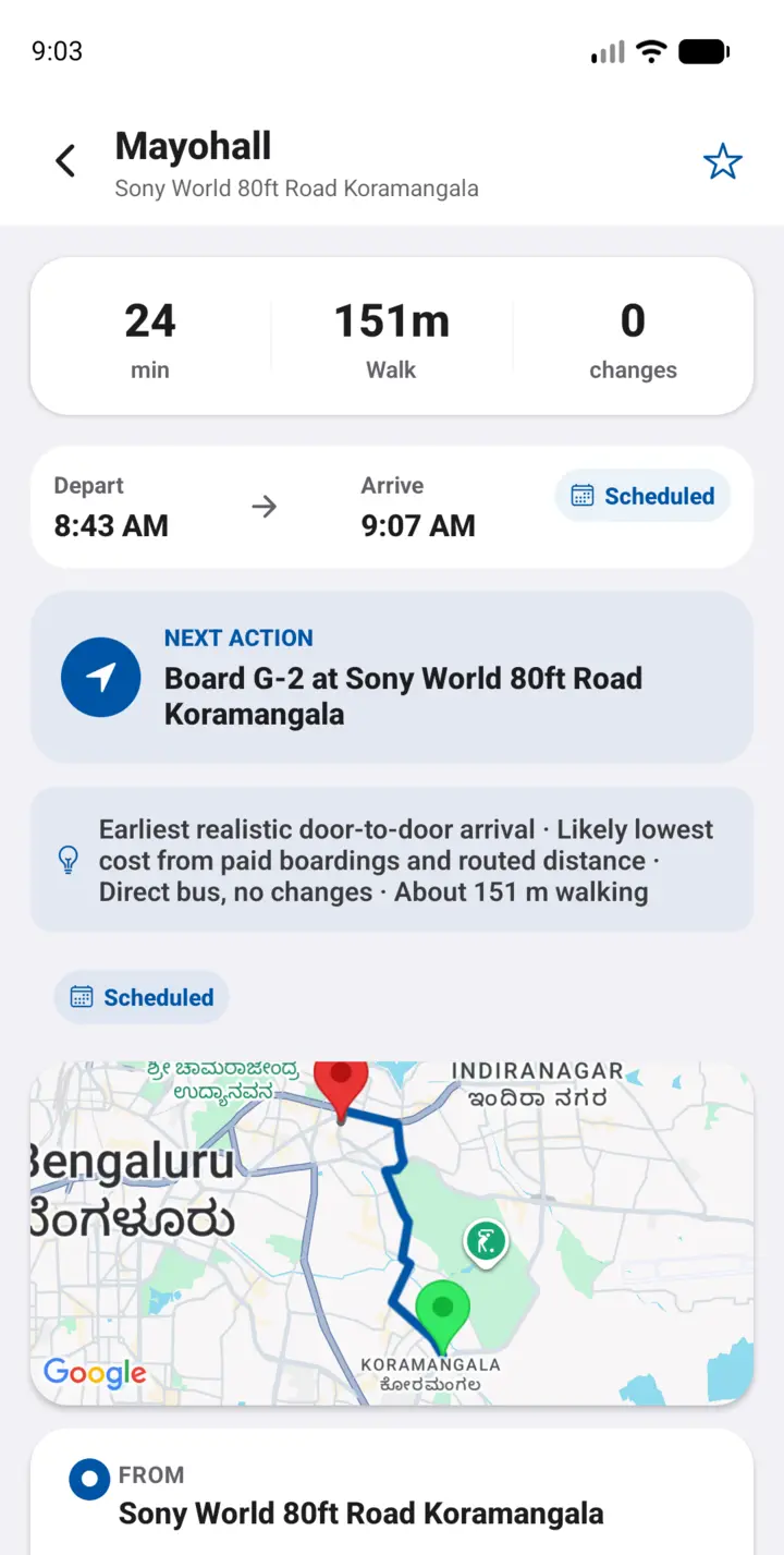 Sarathi journey screen for G-2 from Sony World 80ft Road Koramangala to Mayohall: 24 minutes, 0 changes, Scheduled 8:43 to 9:07.