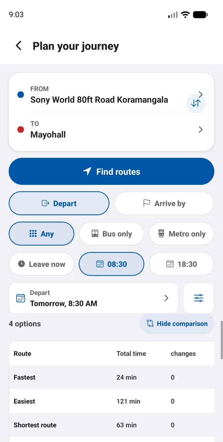 Sarathi Android planner comparing Fastest, Easiest, Shortest route and Direct bus from Sony World 80ft Road Koramangala to Mayohall.
